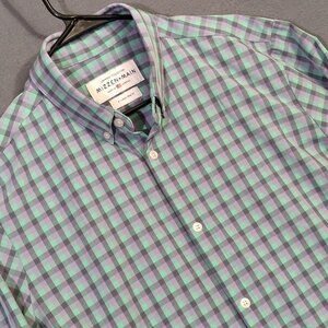 Mizzen+Main Shirt Men's XL Green Purple  Plaid Leeward Trim Fit Long Sleeve